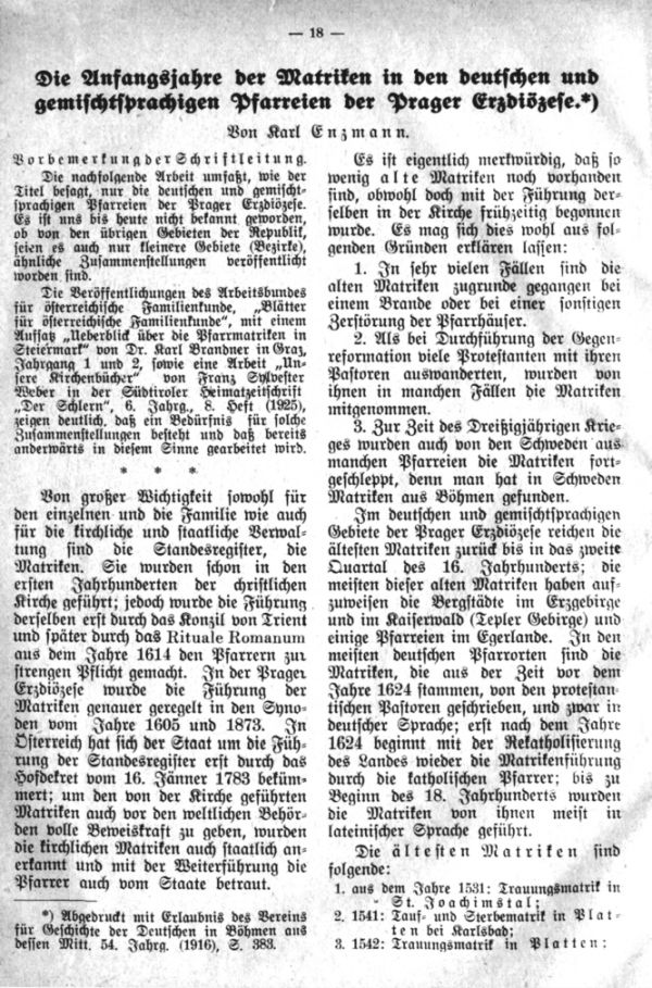 Anfangsjahre der Matriken -  1