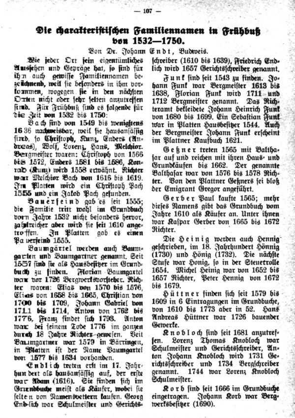 Die charakteristischen Familiennamen in Frühbus von 1532-1750 - 1