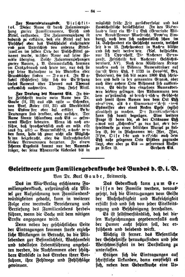 Zur Namensdeutungsecke - Die Deutung des Namens Eis - Geleitwort zum Familiengedenkbuche des Bundes d.D. in.B