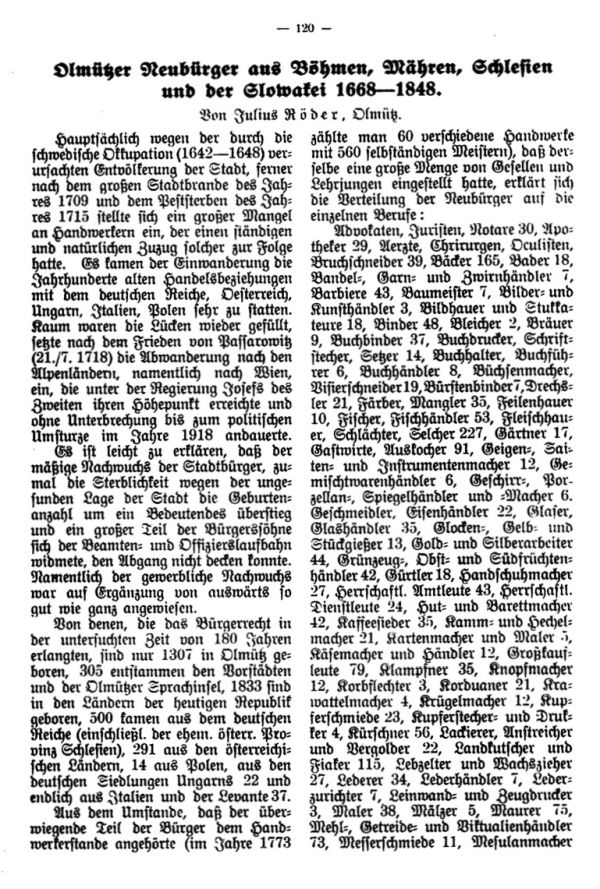 Olmützer Neubürger aus Böhmen, Mähren, Schlesien u. der Slowakei 1668-1848 - 1