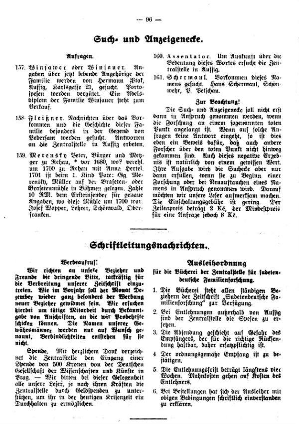 Such- und Anzeigeecke - Schriftleitungsnachrichten