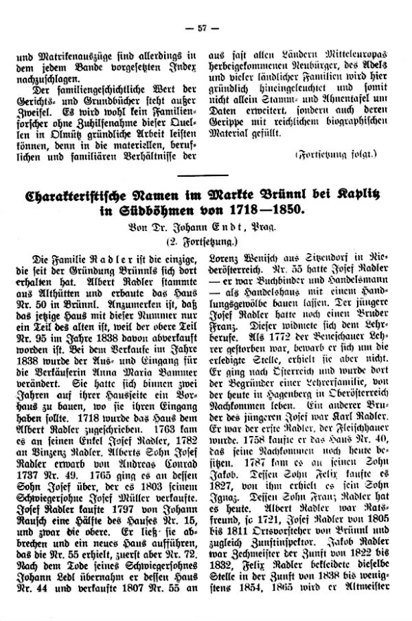 Charakteristische Namen im Markte Brünnl bei Kaplitz in Südböhmen von 1718-1850 - 1