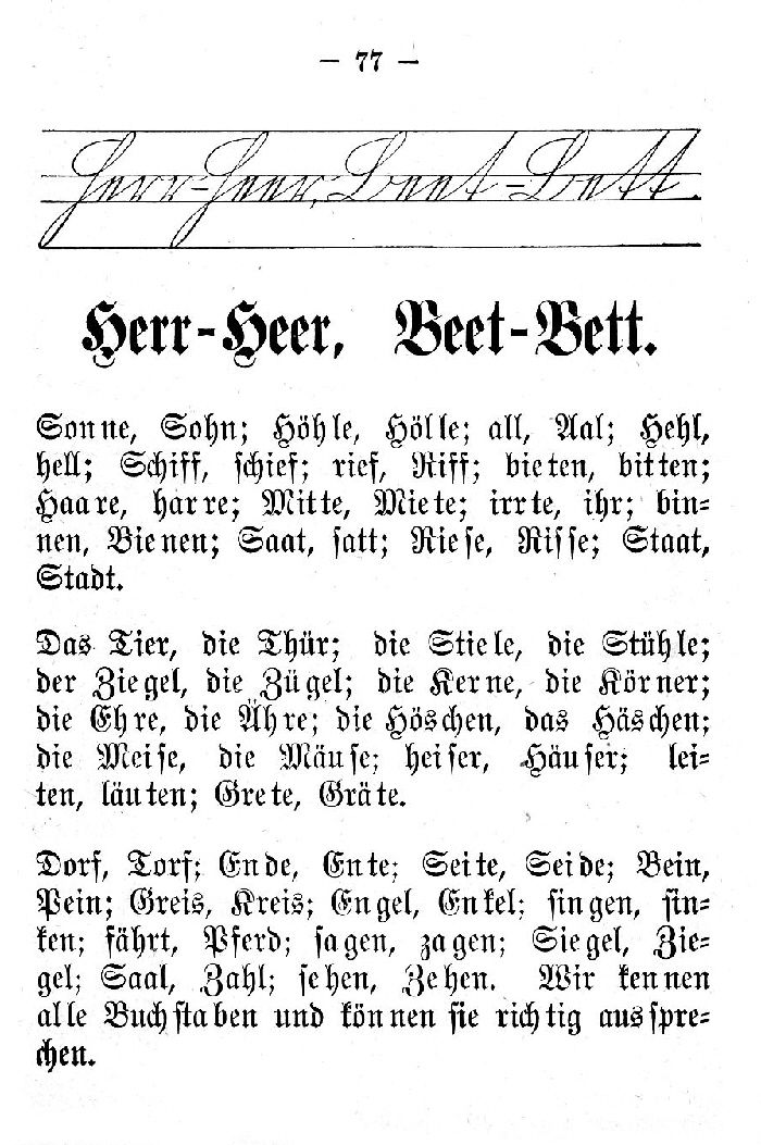 Deutsche Fibel -Herr - Heer, Beet - Bett (Schreibschrift /Druckschrift)